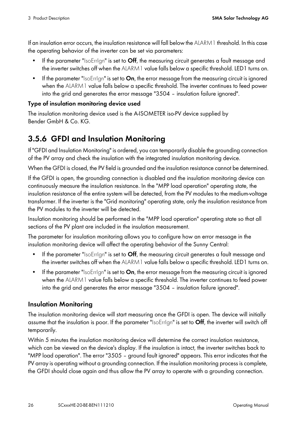 6 gfdi and insulation monitoring, Gfdi and insulation monitoring | SMA SC 500HE-20 User Manual | Page 26 / 108
