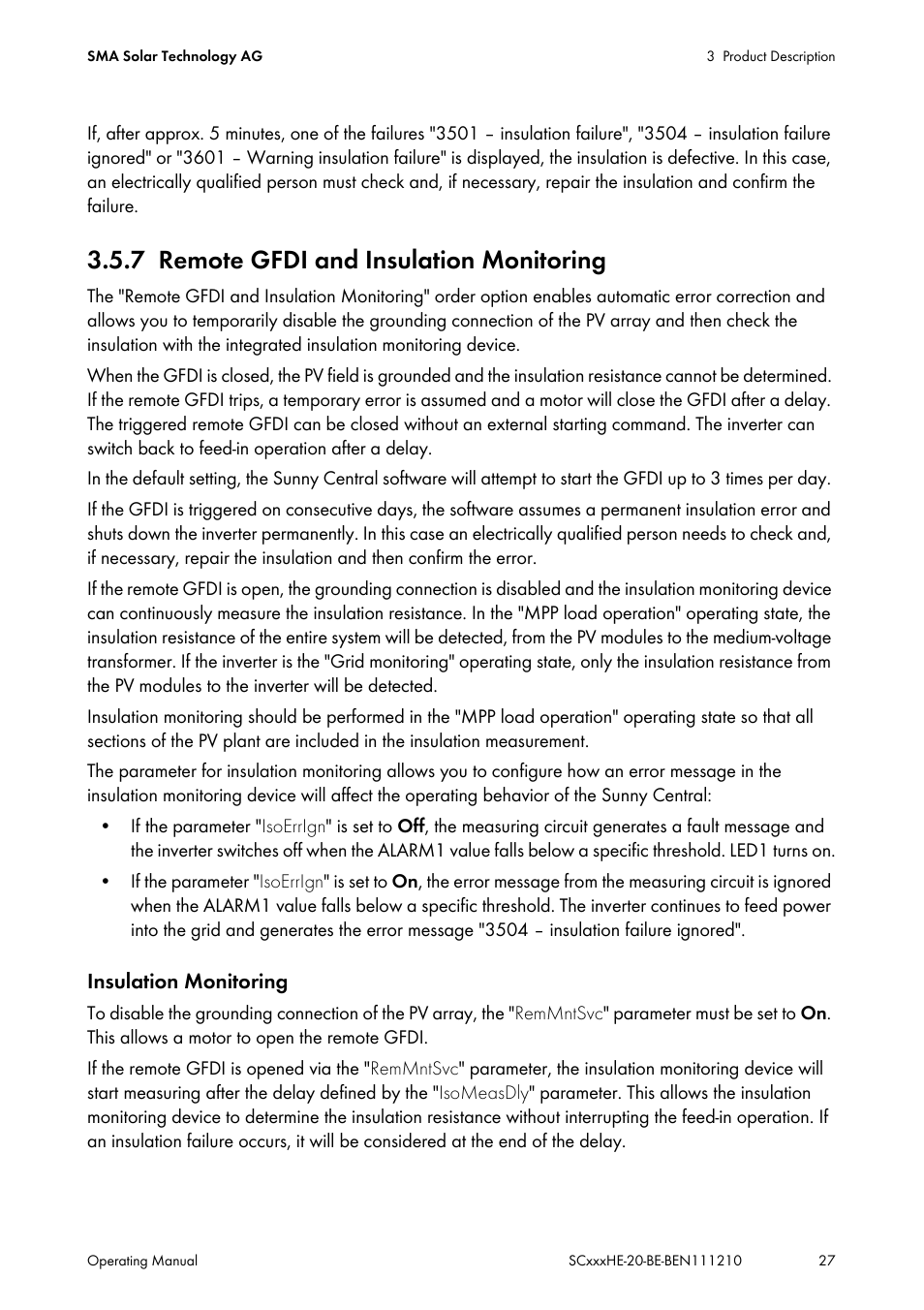 7 remote gfdi and insulation monitoring, Remote gfdi and insulation monitoring | SMA SC 500HE-20 User Manual | Page 27 / 108