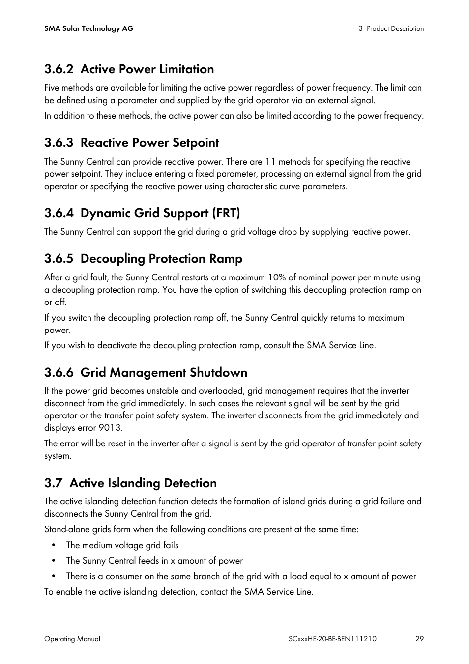 2 active power limitation, 3 reactive power setpoint, 4 dynamic grid support (frt) | 5 decoupling protection ramp, 6 grid management shutdown, 7 active islanding detection, Active power limitation, Reactive power setpoint, Dynamic grid support (frt), Decoupling protection ramp | SMA SC 500HE-20 User Manual | Page 29 / 108