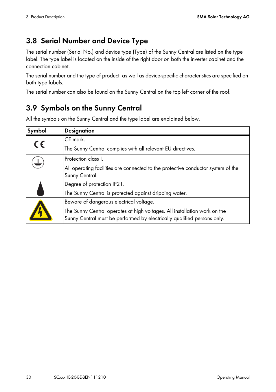 8 serial number and device type, 9 symbols on the sunny central, Serial number and device type | Symbols on the sunny central | SMA SC 500HE-20 User Manual | Page 30 / 108