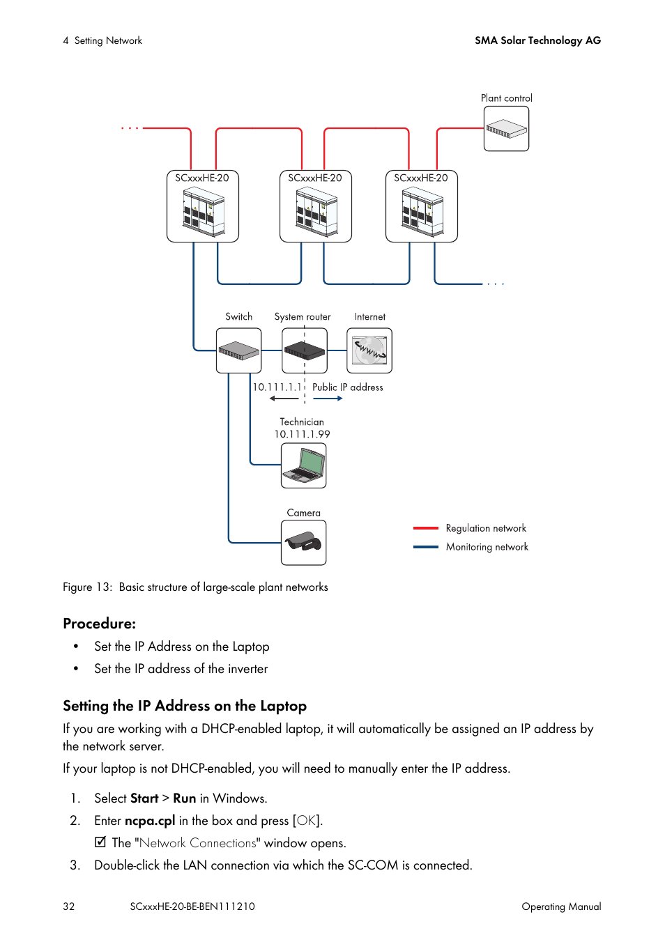 Procedure, Setting the ip address on the laptop | SMA SC 500HE-20 User Manual | Page 32 / 108