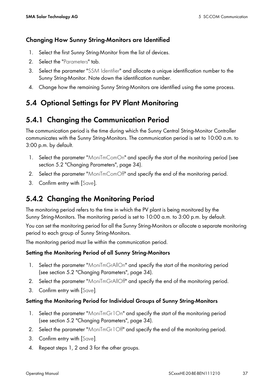 4 optional settings for pv plant monitoring, 1 changing the communication period, 2 changing the monitoring period | Optional settings for pv plant monitoring, Changing the communication period, Changing the monitoring period | SMA SC 500HE-20 User Manual | Page 37 / 108