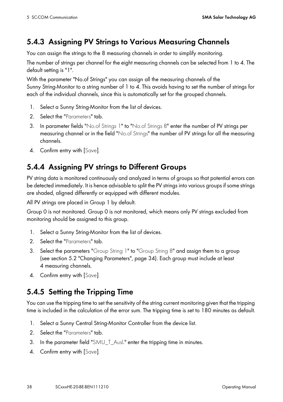 4 assigning pv strings to different groups, 5 setting the tripping time, Assigning pv strings to various measuring channels | Assigning pv strings to different groups, Setting the tripping time | SMA SC 500HE-20 User Manual | Page 38 / 108