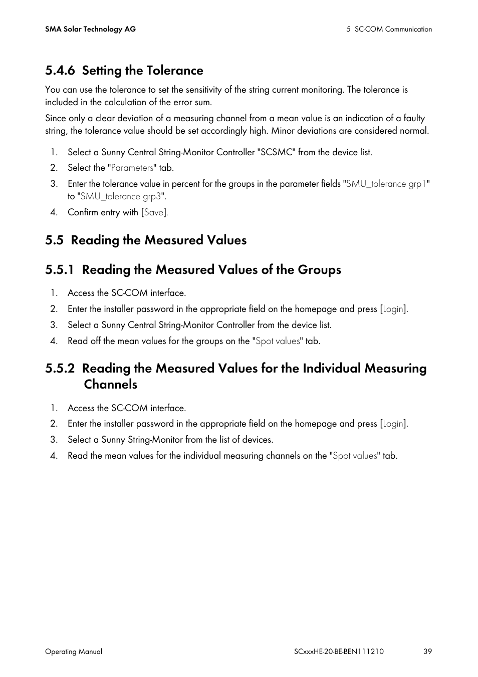 6 setting the tolerance, 5 reading the measured values, 1 reading the measured values of the groups | Setting the tolerance, Reading the measured values, Reading the measured values of the groups | SMA SC 500HE-20 User Manual | Page 39 / 108