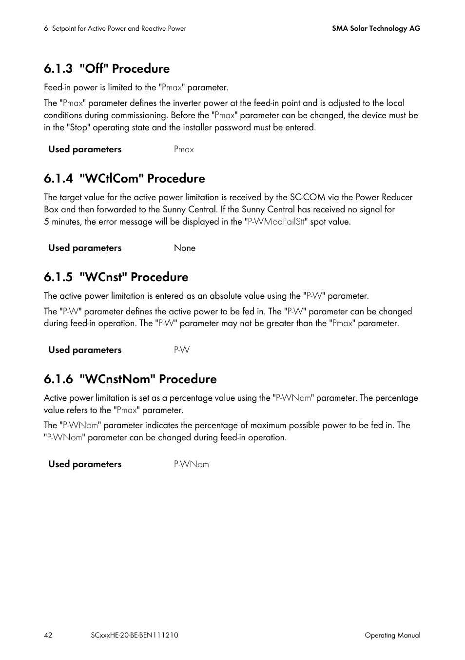 3 "off" procedure, 4 "wctlcom" procedure, 5 "wcnst" procedure | 6 "wcnstnom" procedure, Off" procedure, Wctlcom" procedure, Wcnst" procedure, Wcnstnom" procedure | SMA SC 500HE-20 User Manual | Page 42 / 108