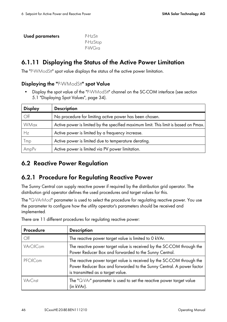 2 reactive power regulation, 1 procedure for regulating reactive power, Reactive power regulation | Procedure for regulating reactive power | SMA SC 500HE-20 User Manual | Page 46 / 108