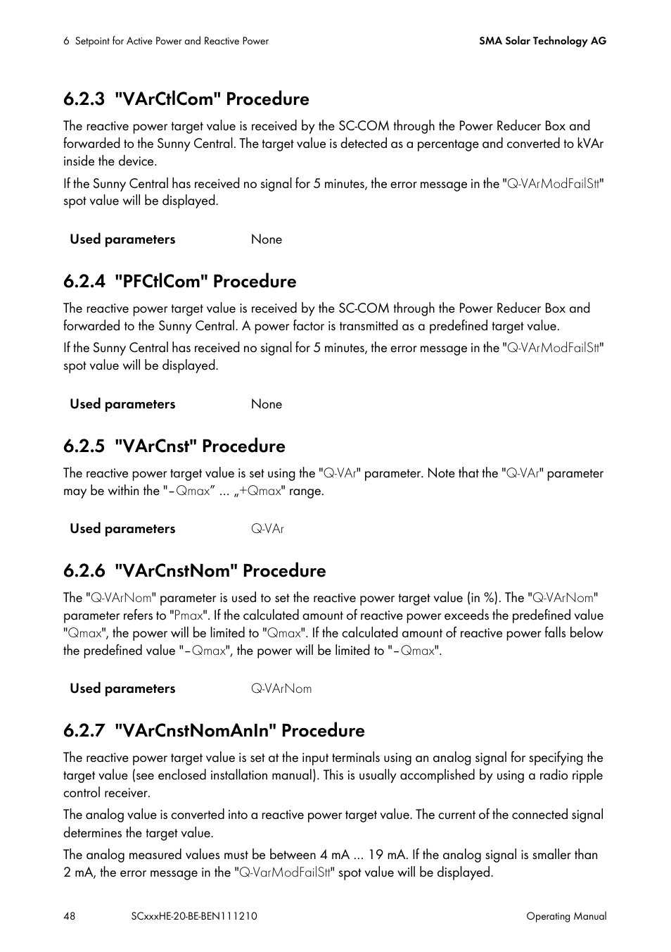 3 "varctlcom" procedure, 4 "pfctlcom" procedure, 5 "varcnst" procedure | 6 "varcnstnom" procedure, 7 "varcnstnomanin" procedure, Varctlcom" procedure, Pfctlcom" procedure, Varcnst" procedure, Varcnstnom" procedure, Varcnstnomanin" procedure | SMA SC 500HE-20 User Manual | Page 48 / 108