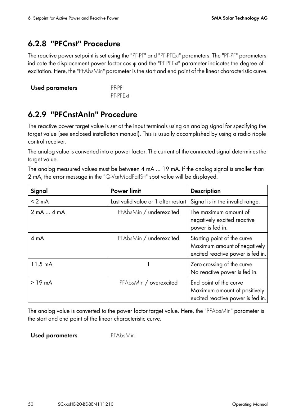 8 "pfcnst" procedure, 9 "pfcnstanin" procedure, Pfcnst" procedure | Pfcnstanin" procedure | SMA SC 500HE-20 User Manual | Page 50 / 108