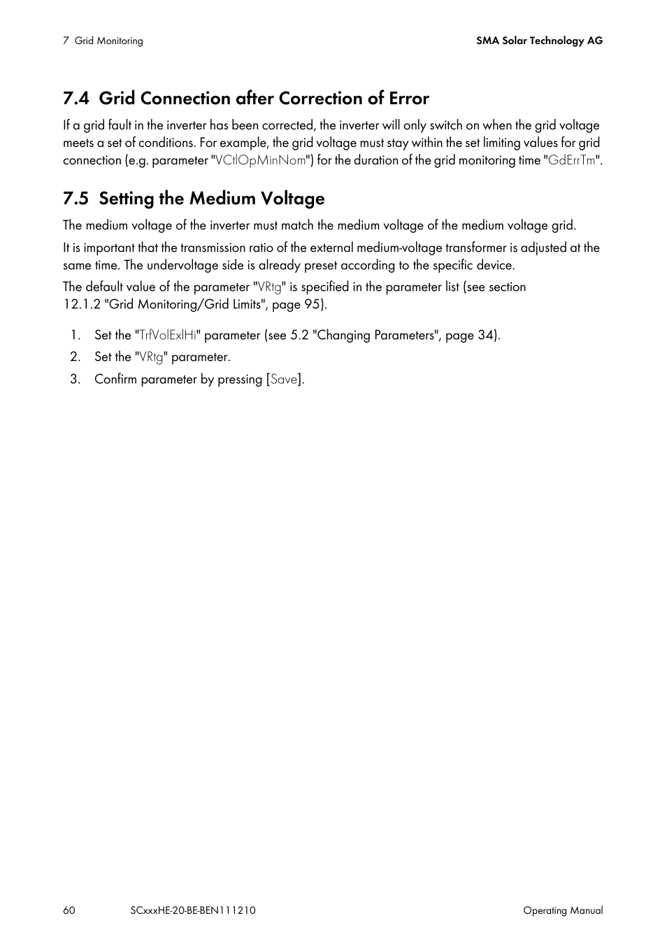 4 grid connection after correction of error, 5 setting the medium voltage, Grid connection after correction of error | Setting the medium voltage | SMA SC 500HE-20 User Manual | Page 60 / 108