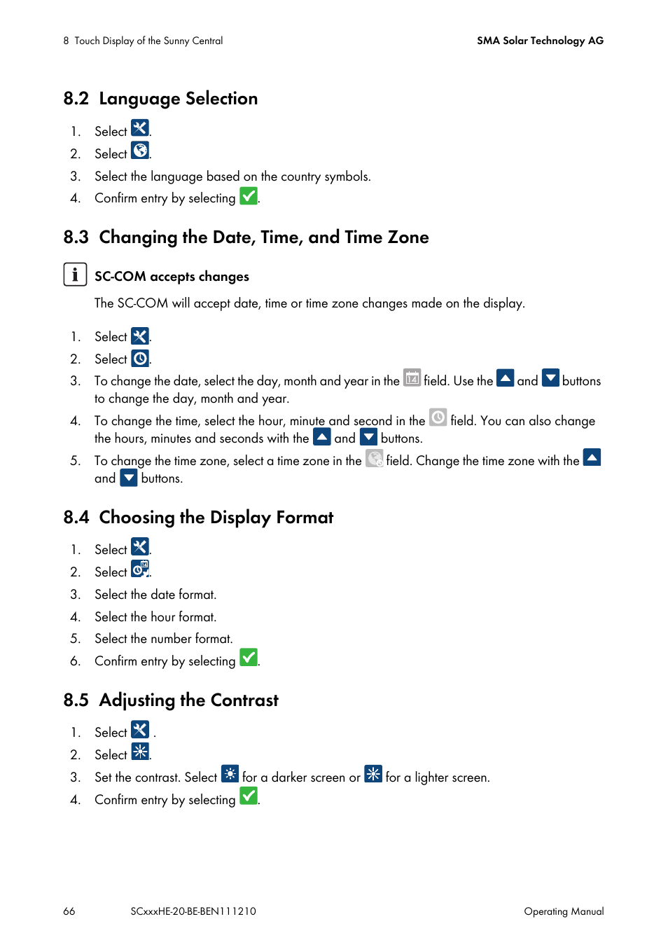 2 language selection, 3 changing the date, time, and time zone, 4 choosing the display format | 5 adjusting the contrast, Language selection, Changing the date, time, and time zone, Choosing the display format, Adjusting the contrast | SMA SC 500HE-20 User Manual | Page 66 / 108