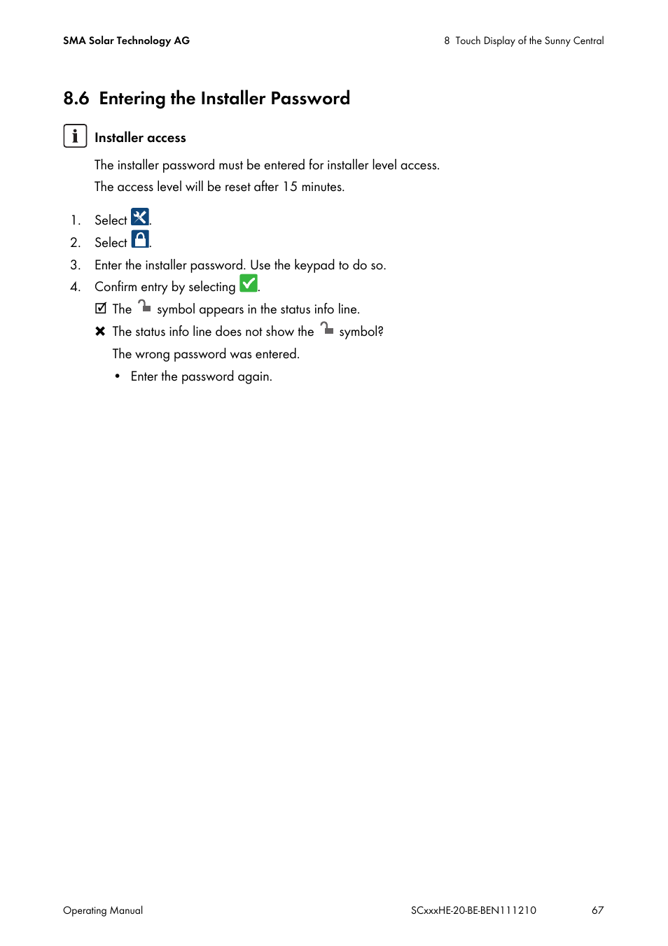 6 entering the installer password, Entering the installer password | SMA SC 500HE-20 User Manual | Page 67 / 108