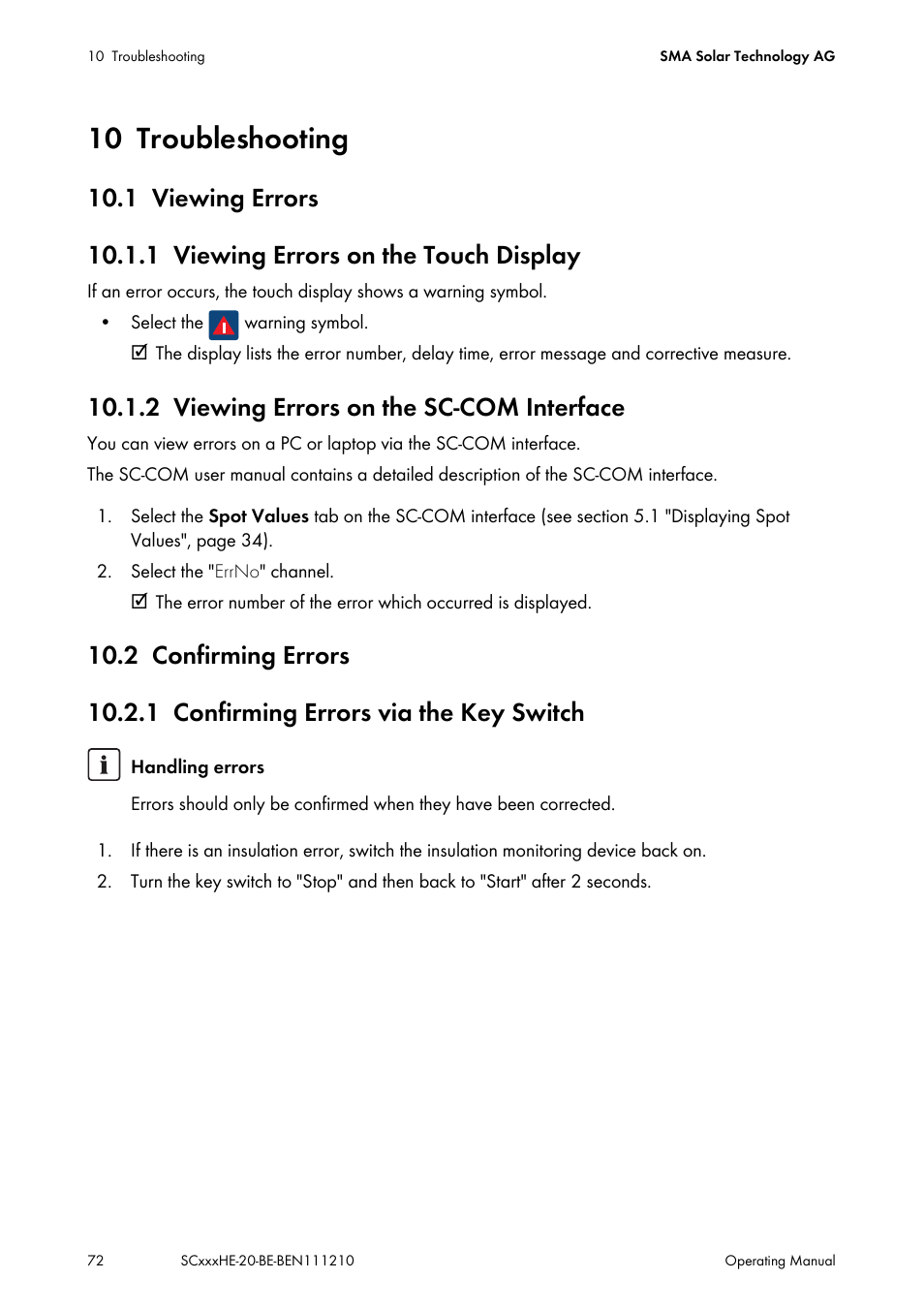 10 troubleshooting, 1 viewing errors, 1 viewing errors on the touch display | 2 viewing errors on the sc-com interface, 2 confirming errors, 1 confirming errors via the key switch, Troubleshooting, Viewing errors, Viewing errors on the touch display, Viewing errors on the sc-com interface | SMA SC 500HE-20 User Manual | Page 72 / 108