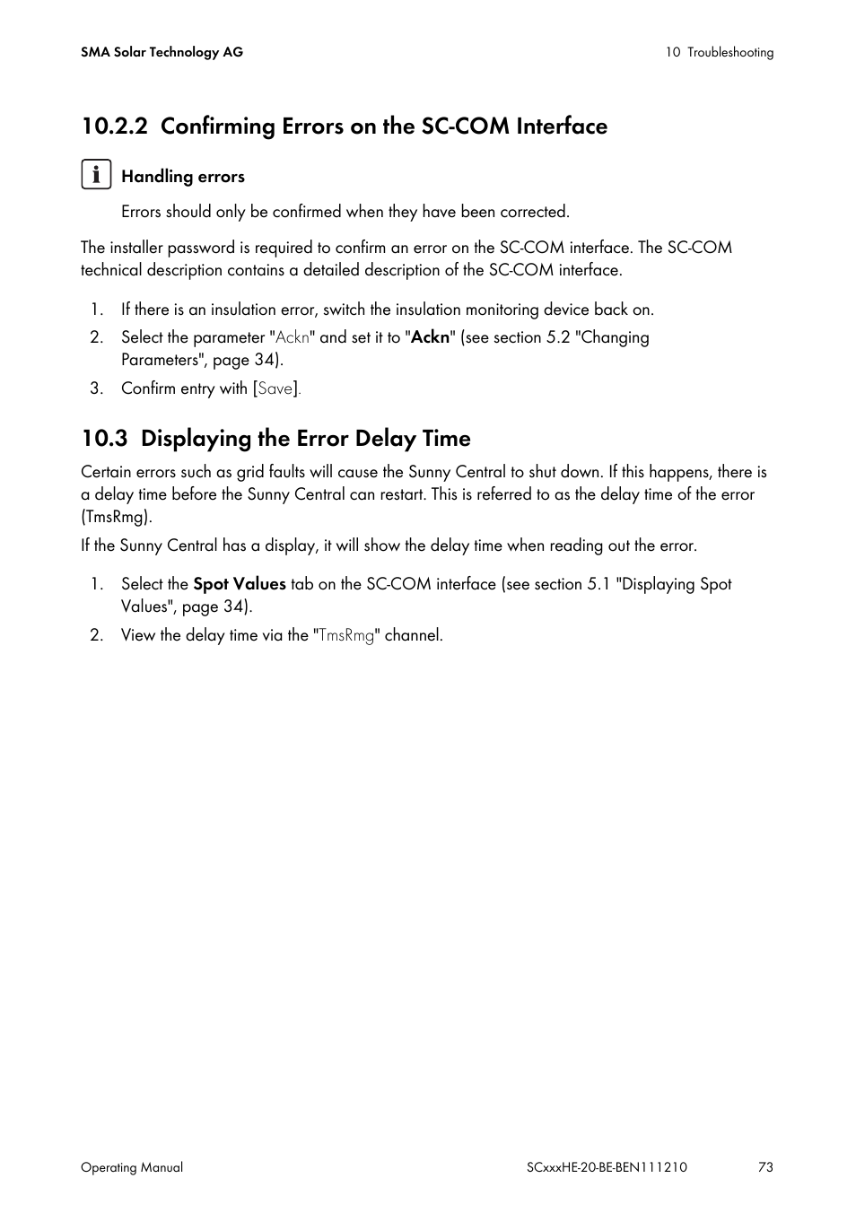 2 confirming errors on the sc-com interface, 3 displaying the error delay time, Confirming errors on the sc-com interface | Displaying the error delay time | SMA SC 500HE-20 User Manual | Page 73 / 108