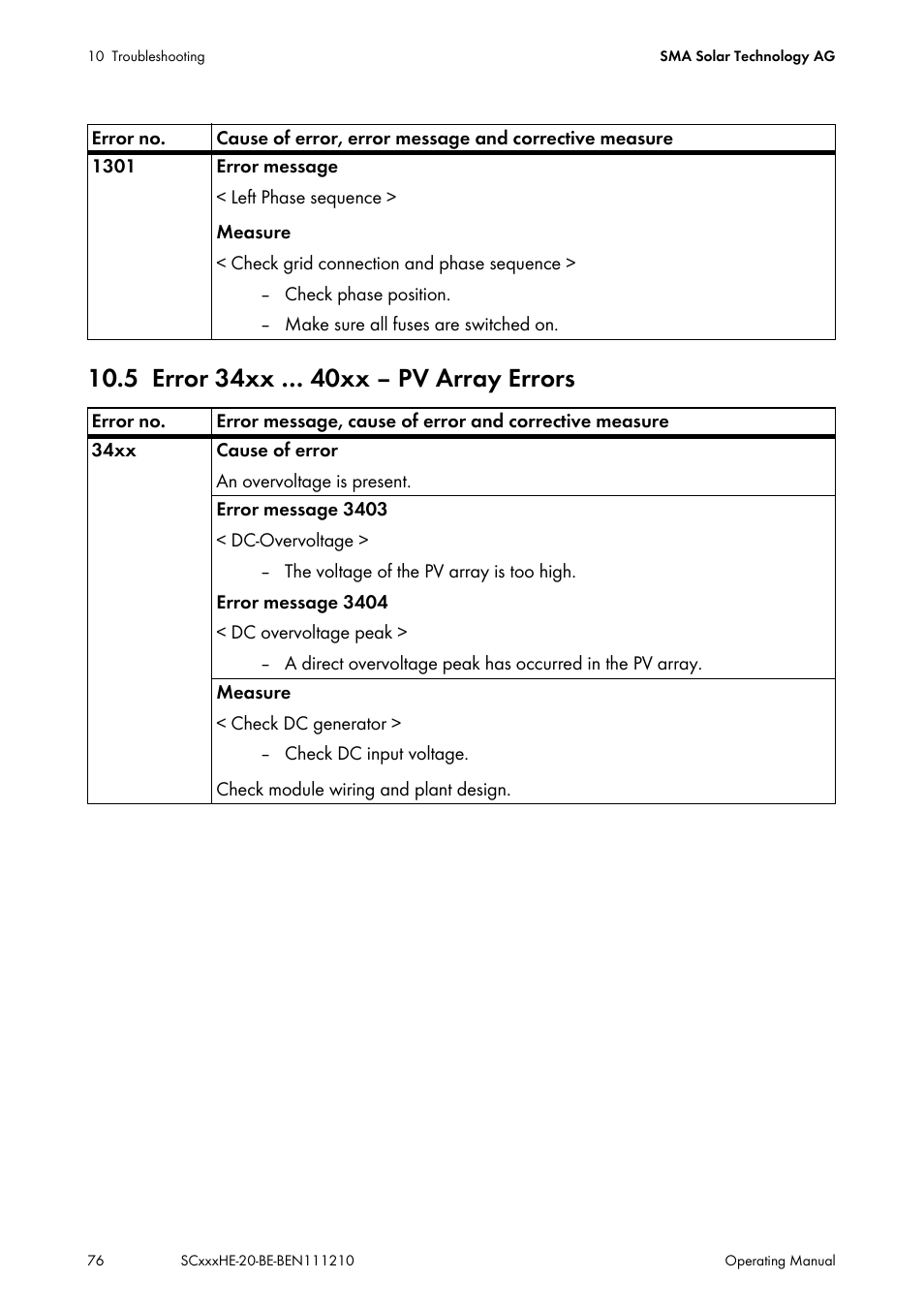 5 error 34xx … 40xx ‒ pv array errors, Error 34xx … 40xx ‒ pv array errors | SMA SC 500HE-20 User Manual | Page 76 / 108