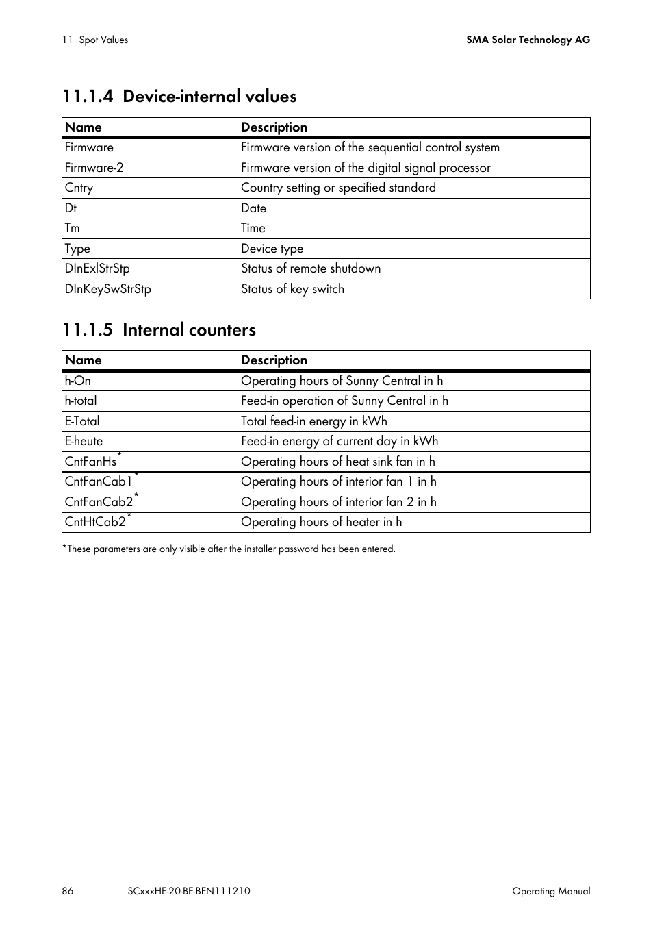 4 device-internal values, 5 internal counters, Device-internal values | Internal counters | SMA SC 500HE-20 User Manual | Page 86 / 108