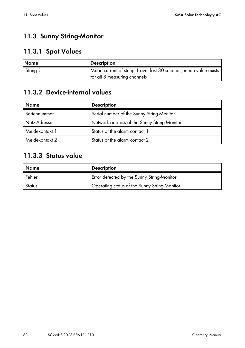 3 sunny string-monitor, 1 spot values, 2 device-internal values | 3 status value, Sunny string-monitor, Spot values, Device-internal values, Status value | SMA SC 500HE-20 User Manual | Page 88 / 108