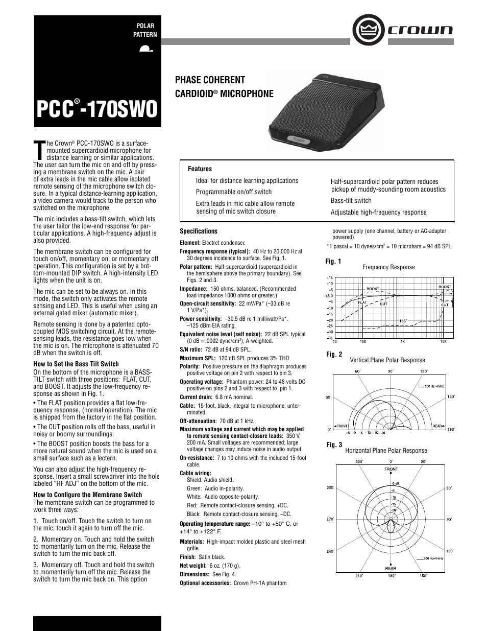 Crown Audio PCC-170SWO User Manual | 2 pages