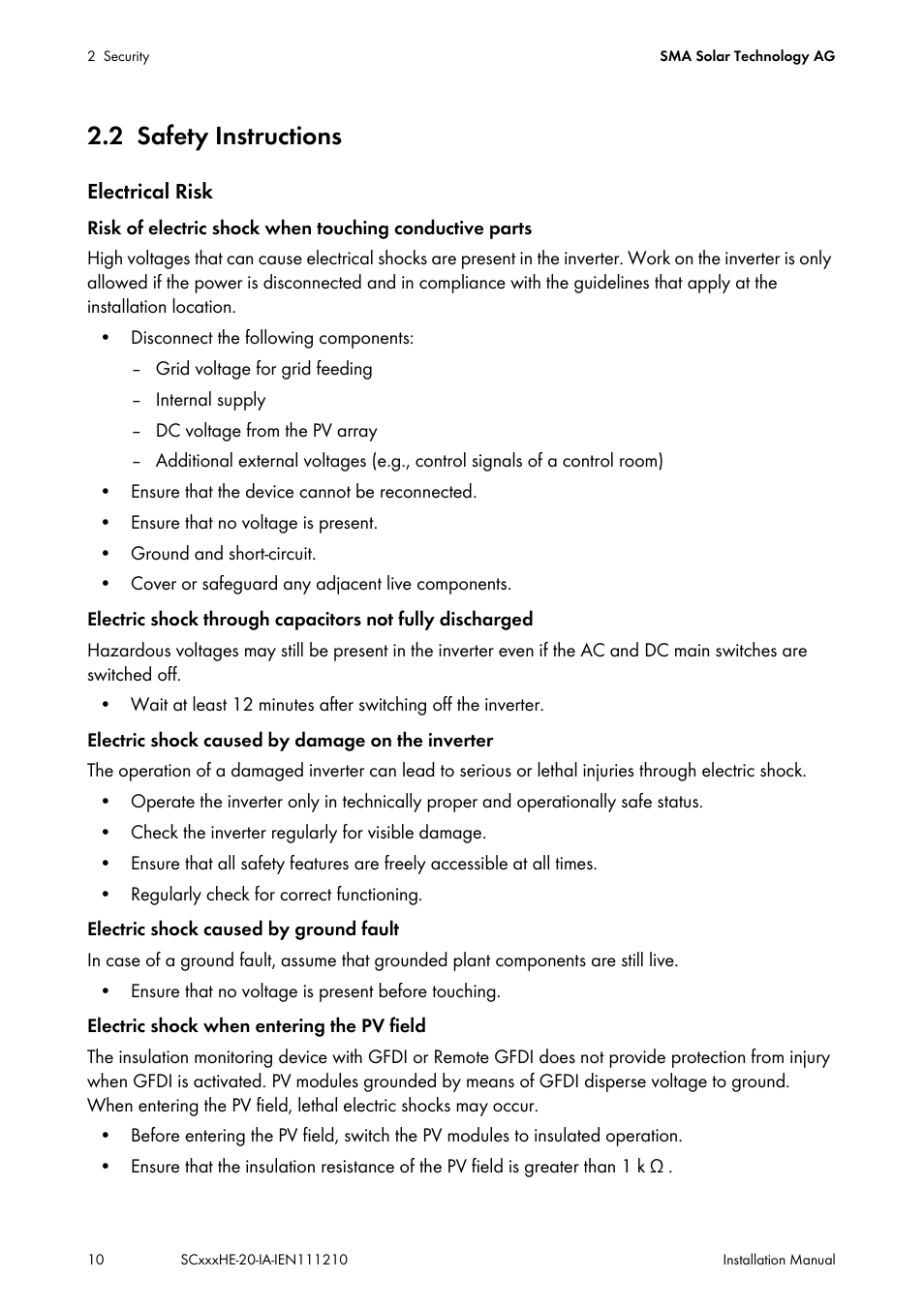 2 safety instructions, Safety instructions | SMA SC 500HE-20 Installation User Manual | Page 10 / 76