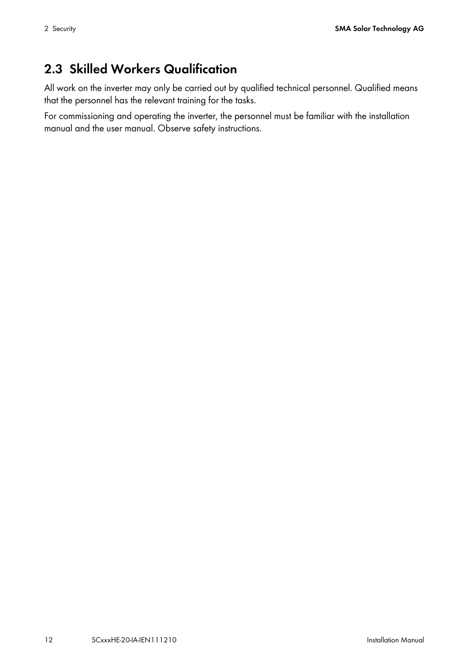 3 skilled workers qualification, Skilled workers qualification | SMA SC 500HE-20 Installation User Manual | Page 12 / 76