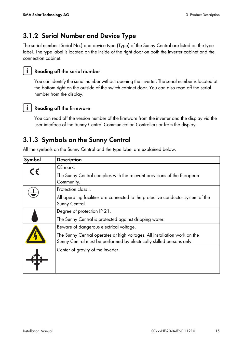 2 serial number and device type, 3 symbols on the sunny central, Serial number and device type | Symbols on the sunny central | SMA SC 500HE-20 Installation User Manual | Page 15 / 76