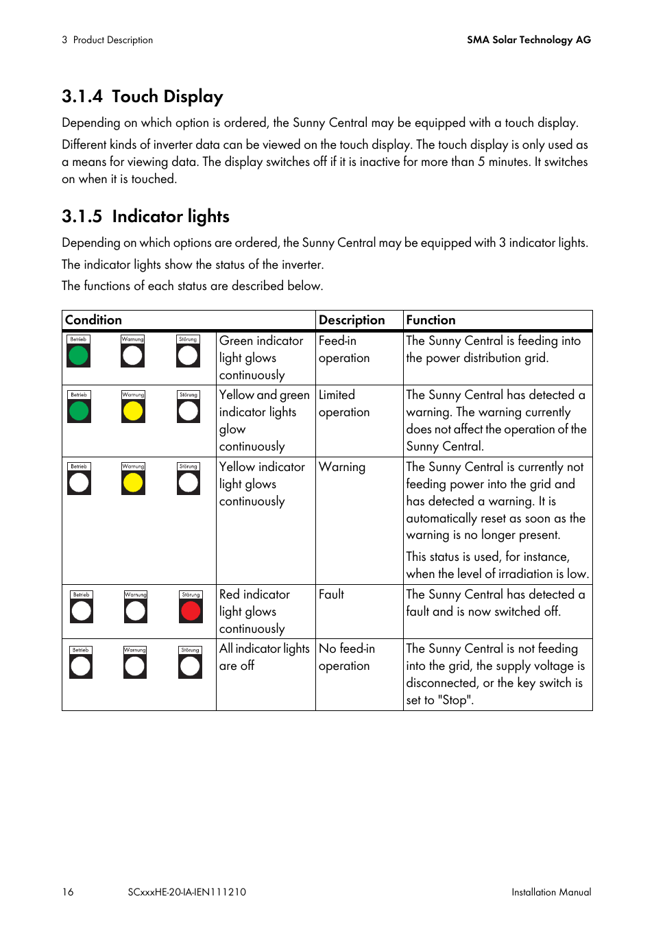 4 touch display, 5 indicator lights, Touch display | Indicator lights | SMA SC 500HE-20 Installation User Manual | Page 16 / 76
