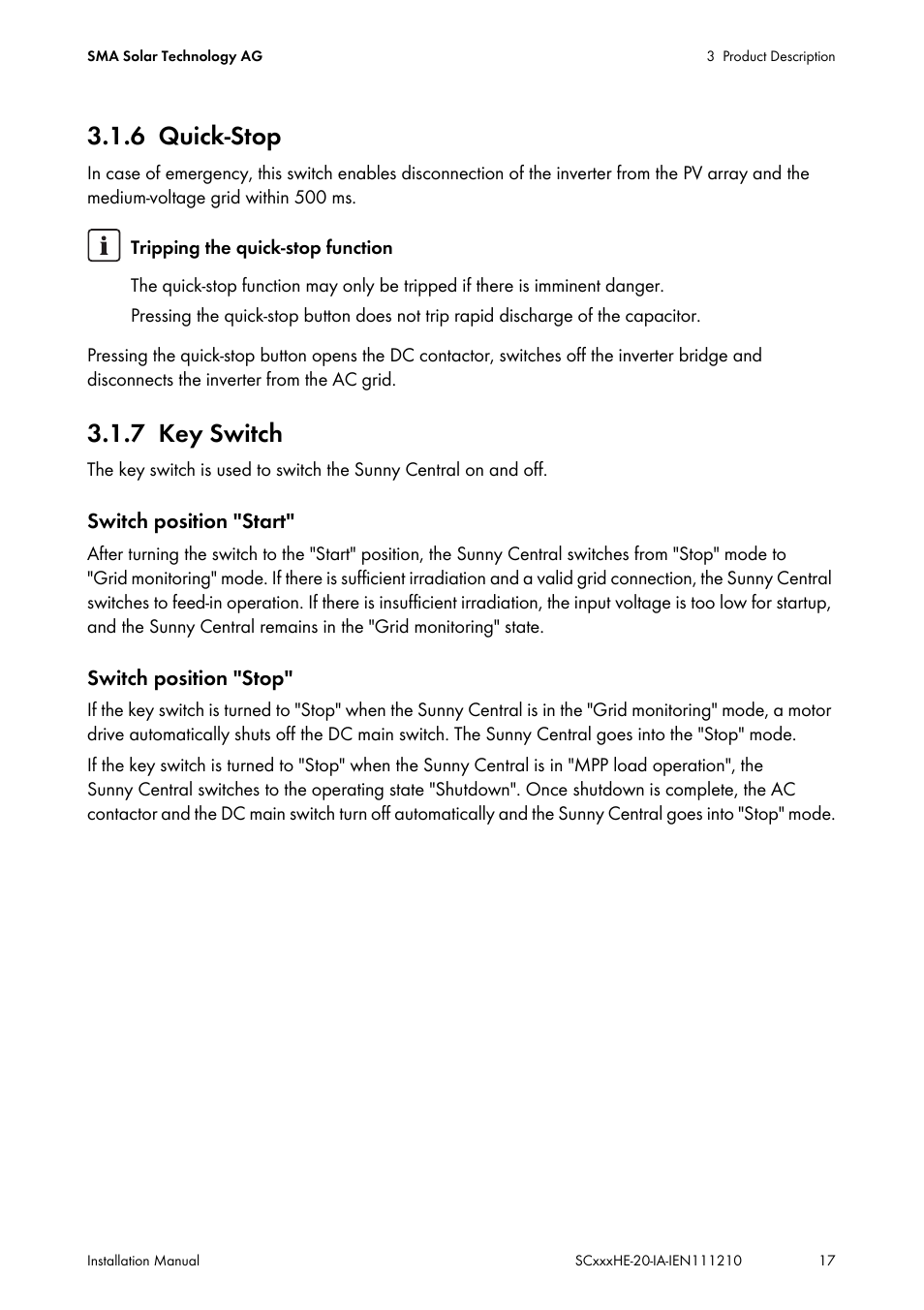 6 quick-stop, 7 key switch, Quick-stop | Key switch | SMA SC 500HE-20 Installation User Manual | Page 17 / 76