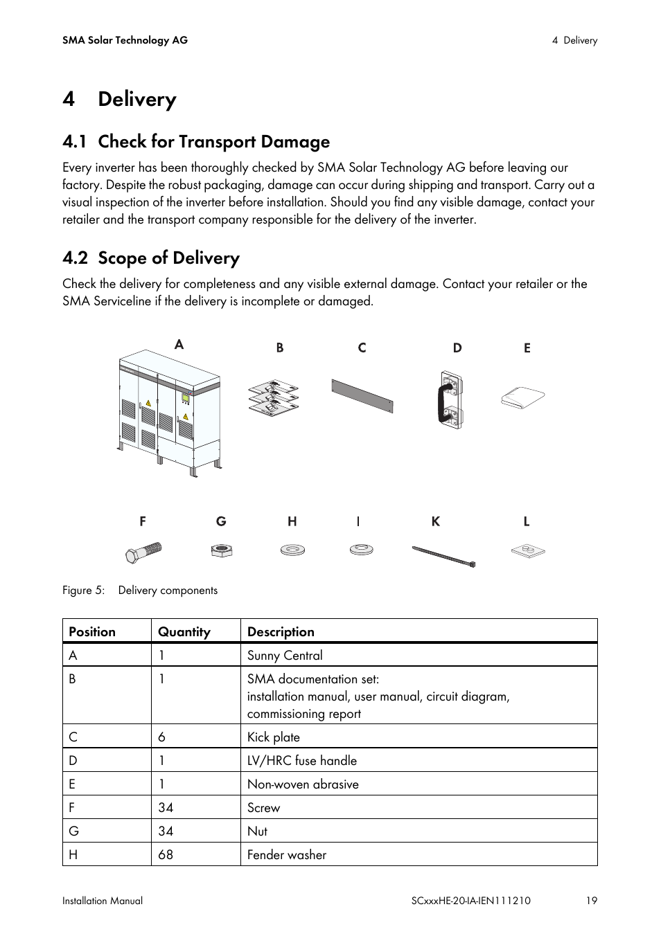 4 delivery, 1 check for transport damage, 2 scope of delivery | Delivery, Check for transport damage, Scope of delivery | SMA SC 500HE-20 Installation User Manual | Page 19 / 76