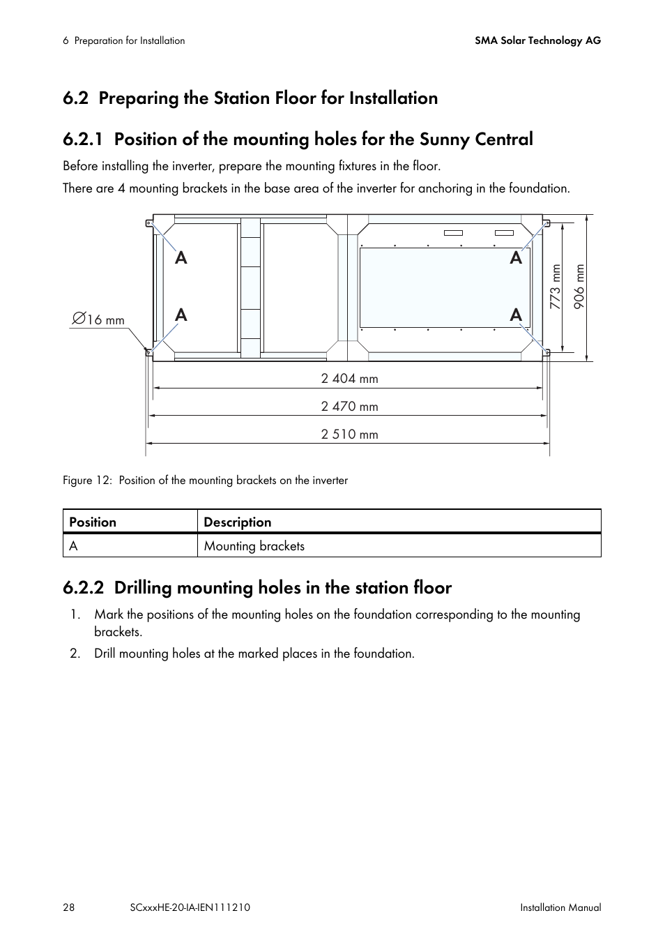 2 preparing the station floor for installation, 2 drilling mounting holes in the station floor, Preparing the station floor for installation | Drilling mounting holes in the station floor | SMA SC 500HE-20 Installation User Manual | Page 28 / 76