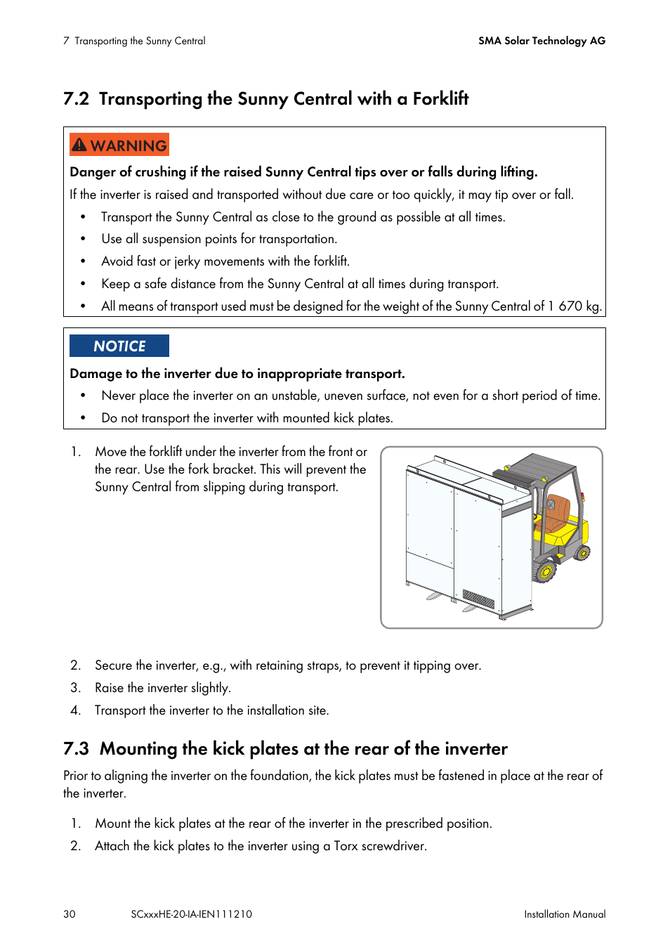 2 transporting the sunny central with a forklift, Transporting the sunny central with a forklift | SMA SC 500HE-20 Installation User Manual | Page 30 / 76