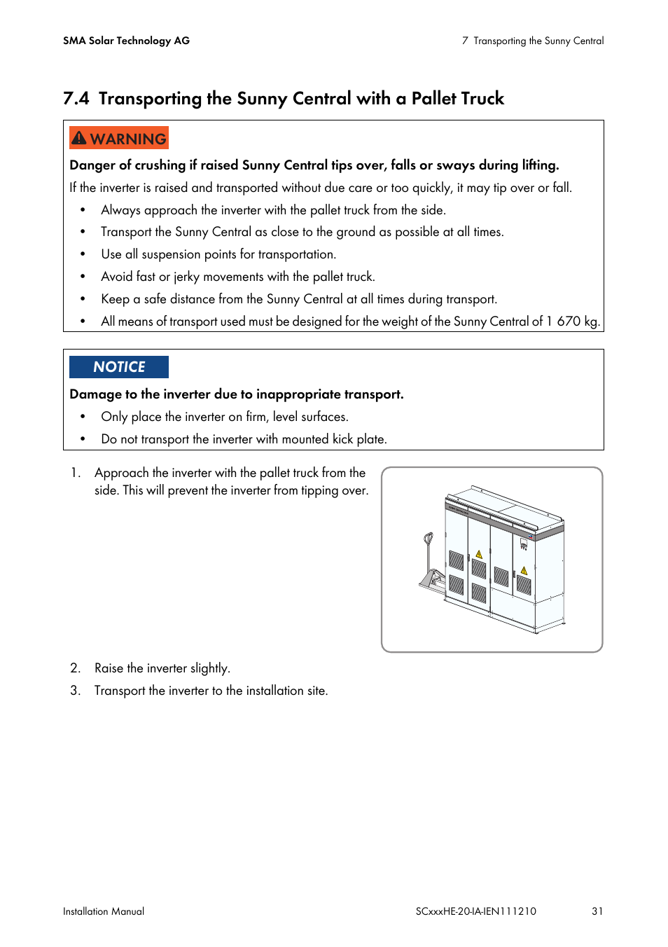 Transporting the sunny central with a pallet truck | SMA SC 500HE-20 Installation User Manual | Page 31 / 76