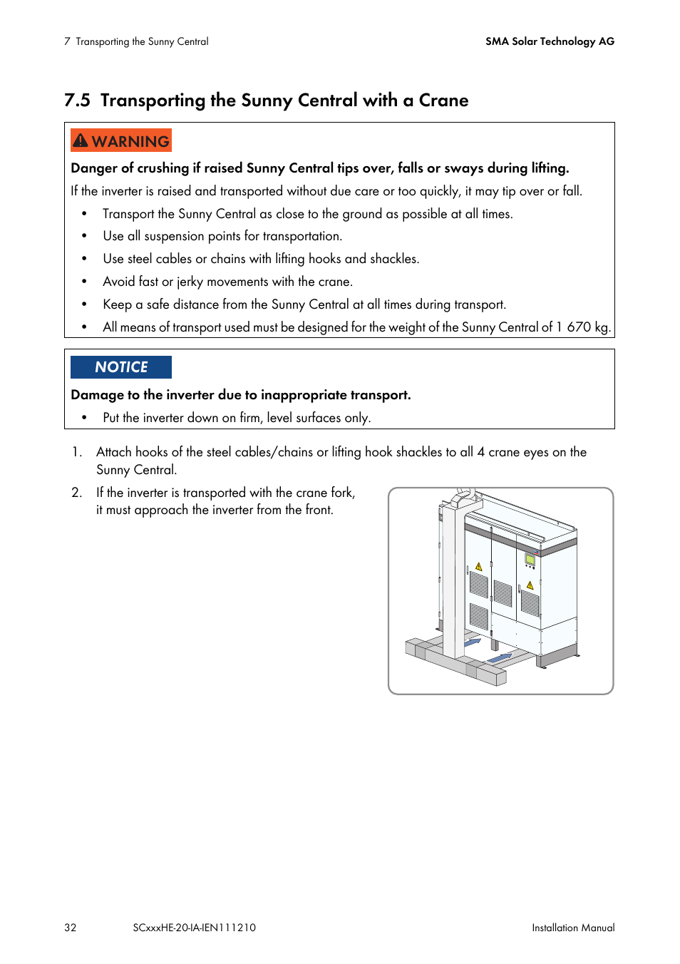 5 transporting the sunny central with a crane, Transporting the sunny central with a crane | SMA SC 500HE-20 Installation User Manual | Page 32 / 76