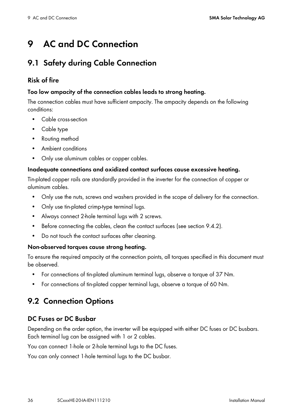 9 ac and dc connection, 1 safety during cable connection, 2 connection options | Ac and dc connection, Safety during cable connection, Connection options | SMA SC 500HE-20 Installation User Manual | Page 36 / 76