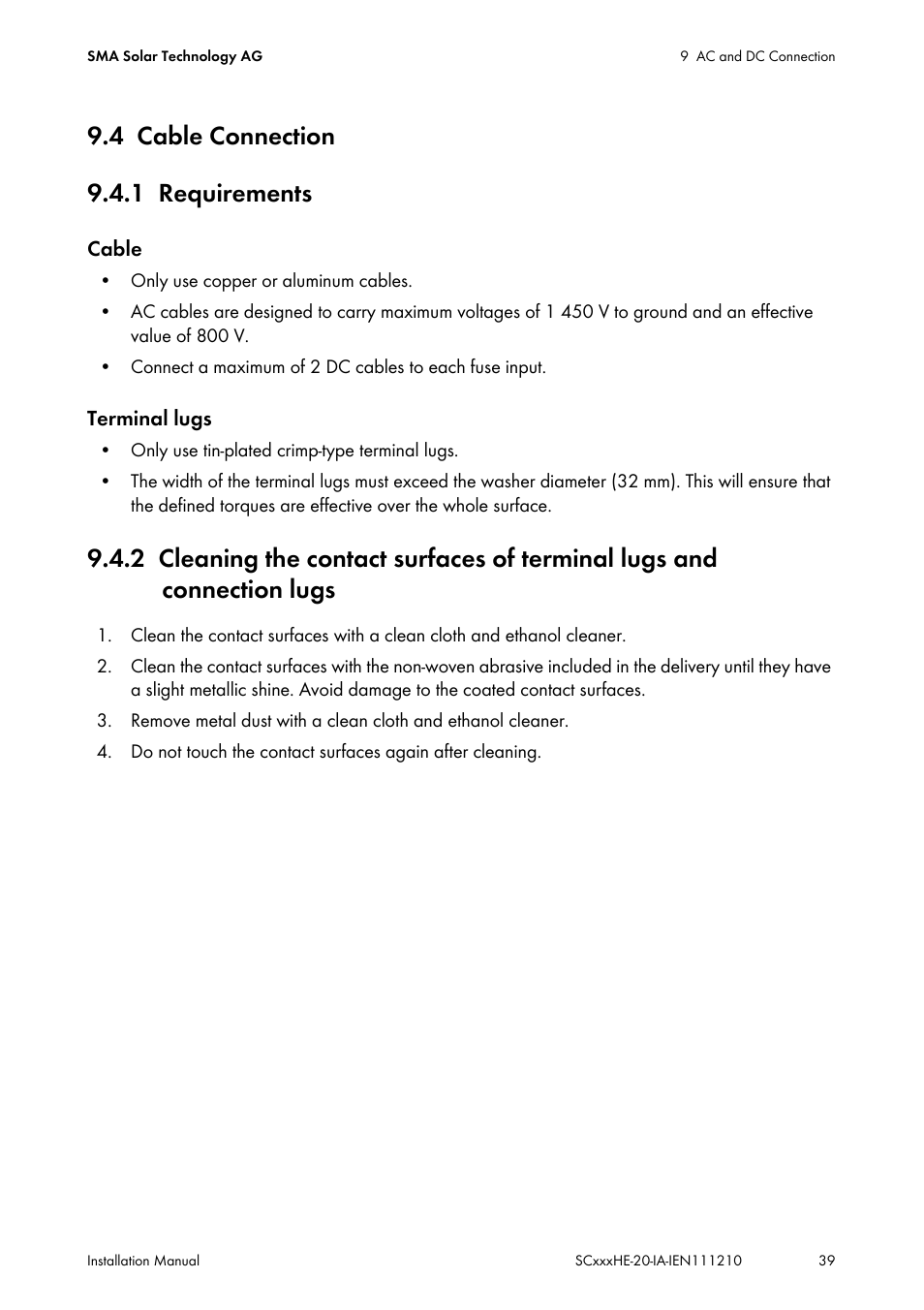 4 cable connection, 1 requirements, Cable connection | Requirements, 4 cable connection 9.4.1 requirements | SMA SC 500HE-20 Installation User Manual | Page 39 / 76