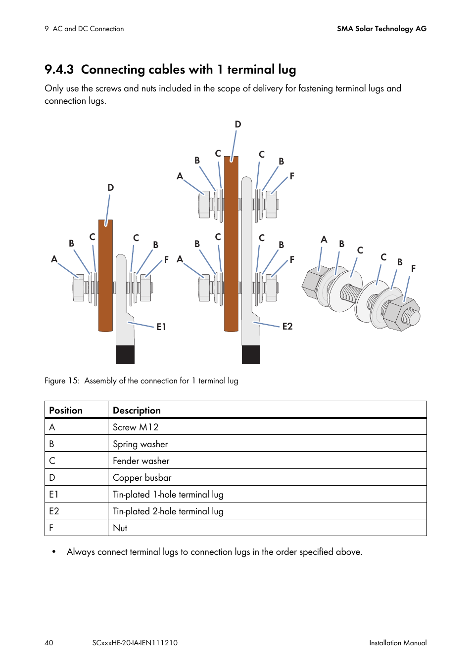 3 connecting cables with 1 terminal lug, Connecting cables with 1 terminal lug | SMA SC 500HE-20 Installation User Manual | Page 40 / 76