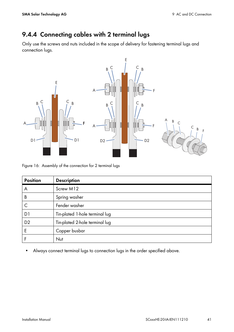 4 connecting cables with 2 terminal lugs, Connecting cables with 2 terminal lugs | SMA SC 500HE-20 Installation User Manual | Page 41 / 76
