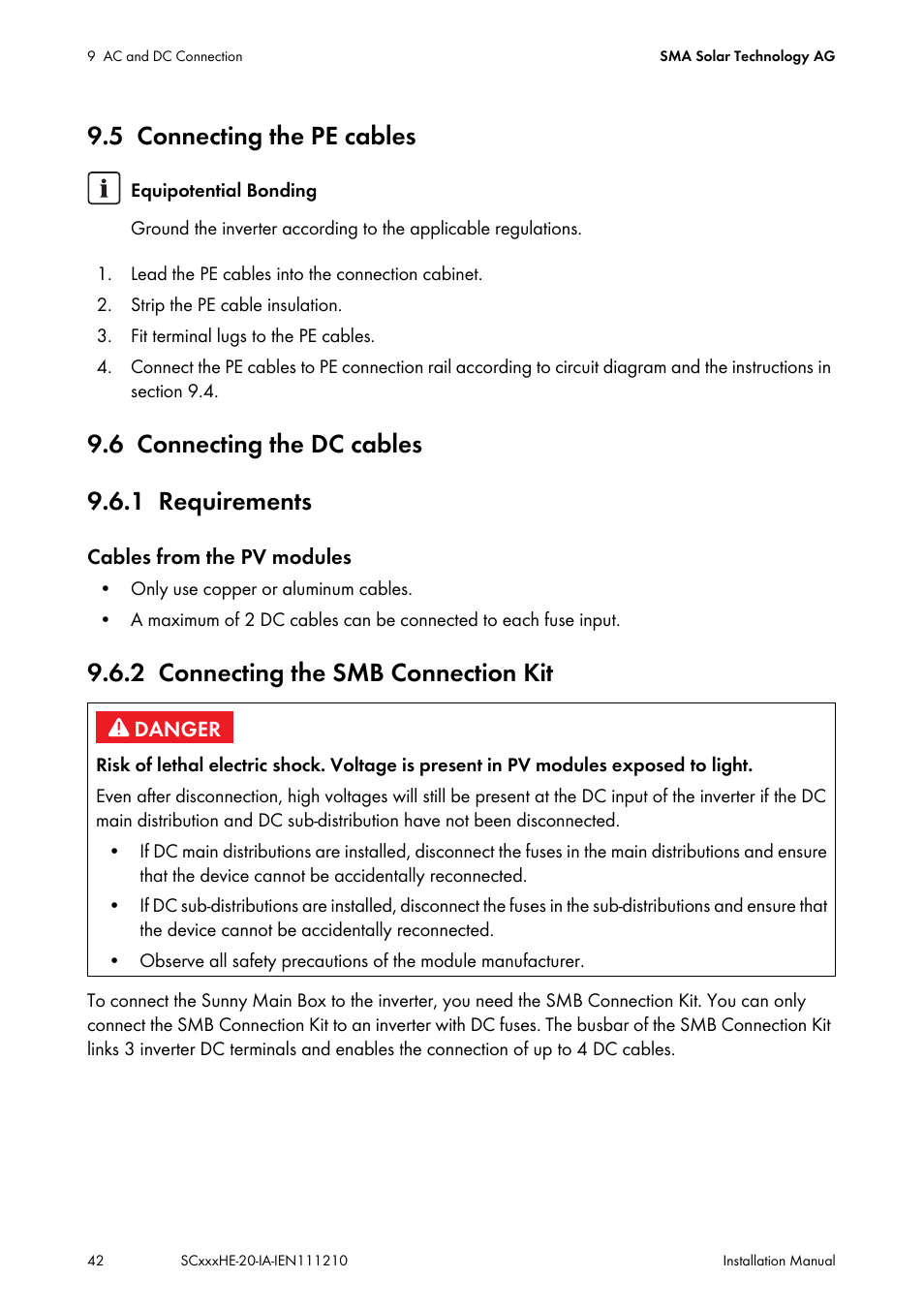 5 connecting the pe cables, 6 connecting the dc cables, 1 requirements | 2 connecting the smb connection kit, Connecting the pe cables, Connecting the dc cables, Requirements, Connecting the smb connection kit, 6 connecting the dc cables 9.6.1 requirements | SMA SC 500HE-20 Installation User Manual | Page 42 / 76