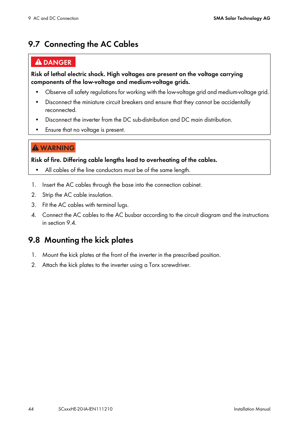 7 connecting the ac cables, 8 mounting the kick plates, Connecting the ac cables | Mounting the kick plates | SMA SC 500HE-20 Installation User Manual | Page 44 / 76