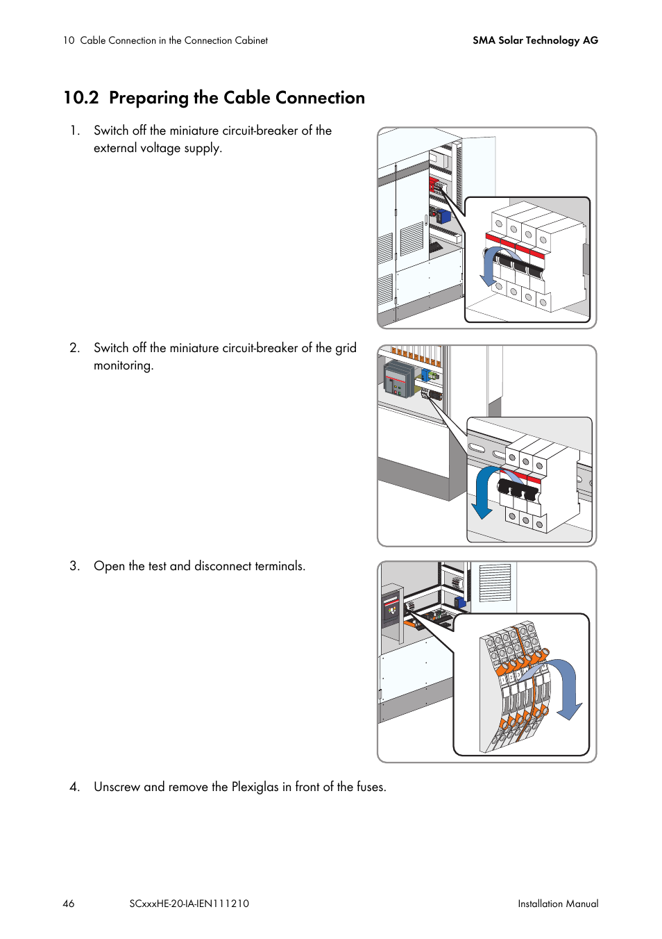 2 preparing the cable connection, Preparing the cable connection | SMA SC 500HE-20 Installation User Manual | Page 46 / 76