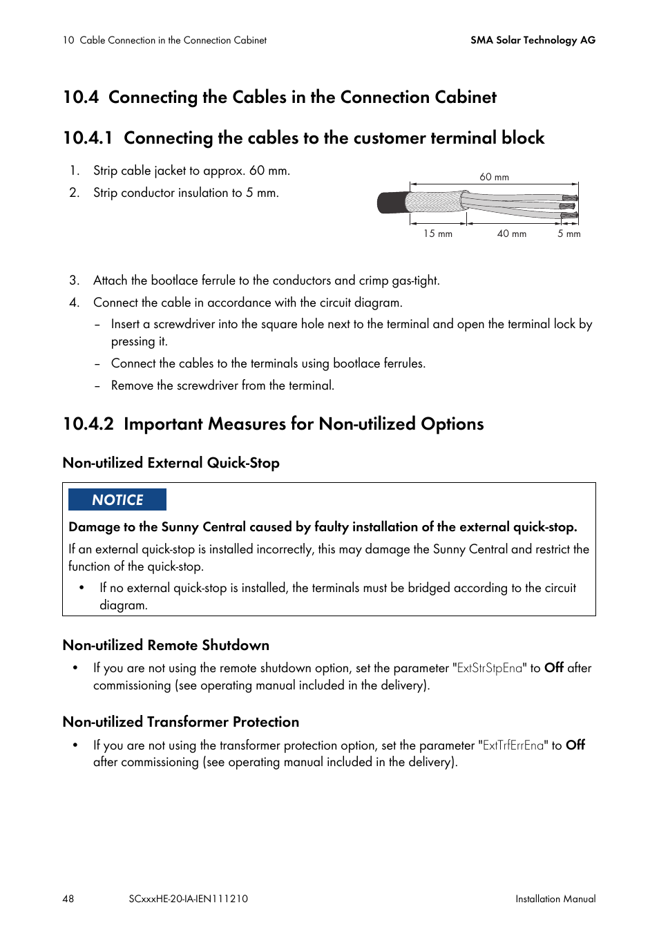 4 connecting the cables in the connection cabinet, 2 important measures for non-utilized options, Connecting the cables in the connection cabinet | Important measures for non-utilized options | SMA SC 500HE-20 Installation User Manual | Page 48 / 76