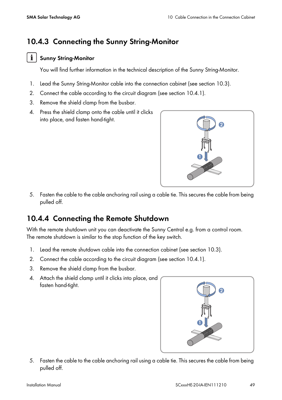 3 connecting the sunny string-monitor, 4 connecting the remote shutdown, Connecting the sunny string-monitor | Connecting the remote shutdown | SMA SC 500HE-20 Installation User Manual | Page 49 / 76
