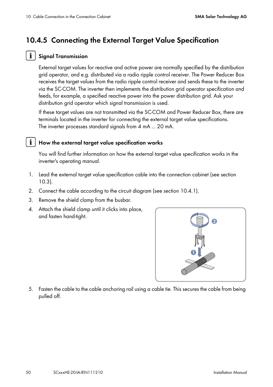 Connecting the external target value specification | SMA SC 500HE-20 Installation User Manual | Page 50 / 76