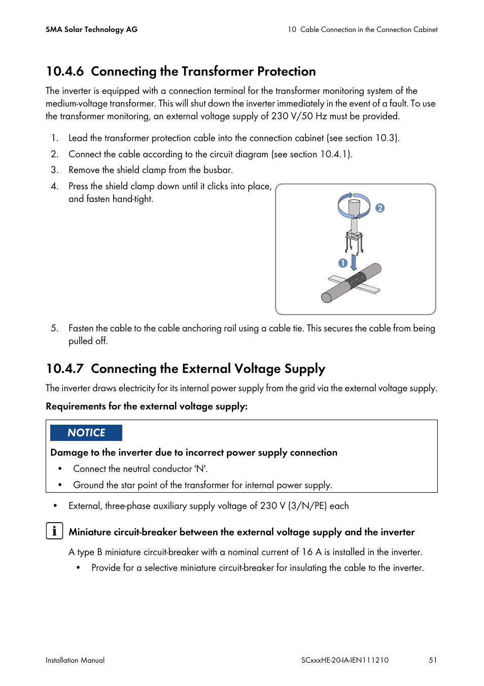 6 connecting the transformer protection, 7 connecting the external voltage supply, Connecting the transformer protection | Connecting the external voltage supply | SMA SC 500HE-20 Installation User Manual | Page 51 / 76