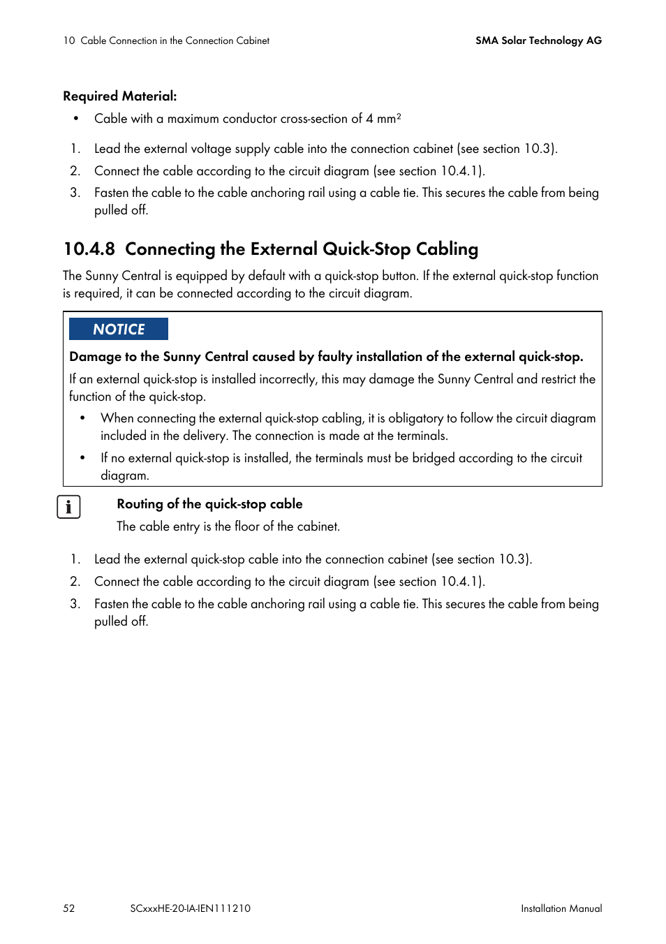 8 connecting the external quick-stop cabling, Connecting the external quick-stop cabling | SMA SC 500HE-20 Installation User Manual | Page 52 / 76