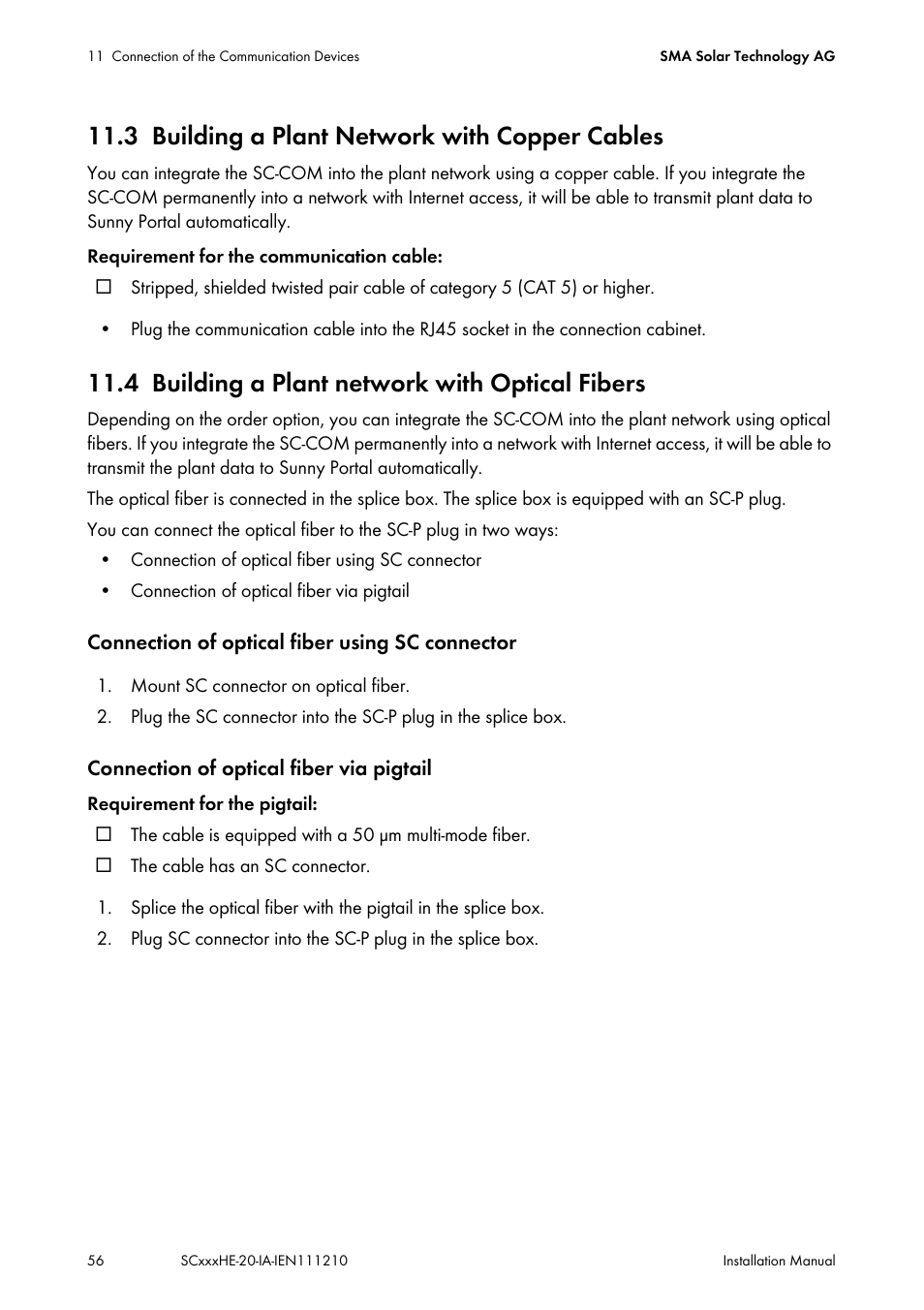3 building a plant network with copper cables, 4 building a plant network with optical fibers, Building a plant network with copper cables | Building a plant network with optical fibers | SMA SC 500HE-20 Installation User Manual | Page 56 / 76