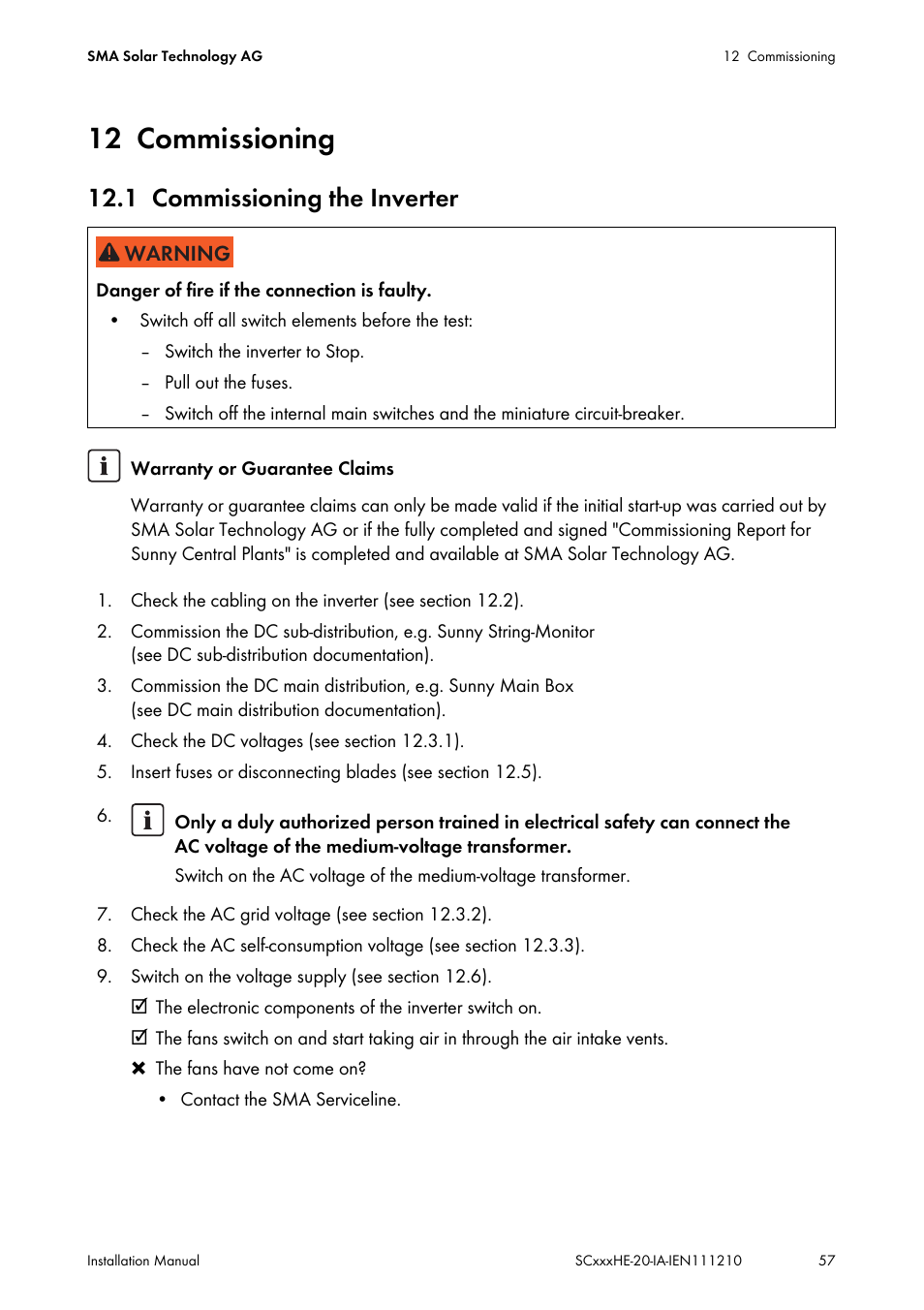 12 commissioning, 1 commissioning the inverter, Commissioning | Commissioning the inverter | SMA SC 500HE-20 Installation User Manual | Page 57 / 76