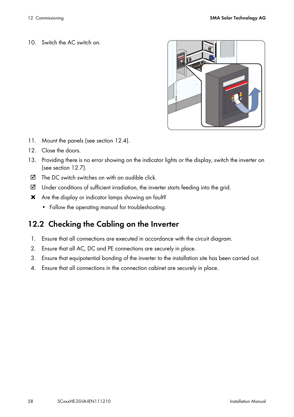 2 checking the cabling on the inverter, Checking the cabling on the inverter, See section 12.2) | SMA SC 500HE-20 Installation User Manual | Page 58 / 76