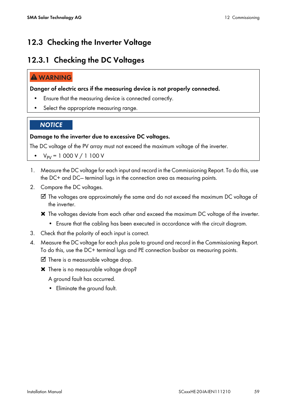 3 checking the inverter voltage, 1 checking the dc voltages, Checking the inverter voltage | Checking the dc voltages, Check the dc voltages (see section 12.3.1) | SMA SC 500HE-20 Installation User Manual | Page 59 / 76