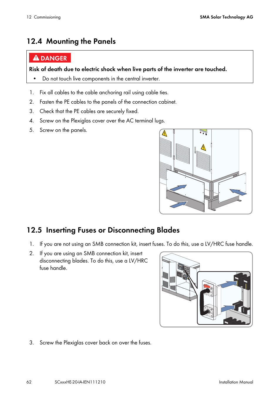 4 mounting the panels, 5 inserting fuses or disconnecting blades, Mounting the panels | Inserting fuses or disconnecting blades, Ion 12.5 | SMA SC 500HE-20 Installation User Manual | Page 62 / 76