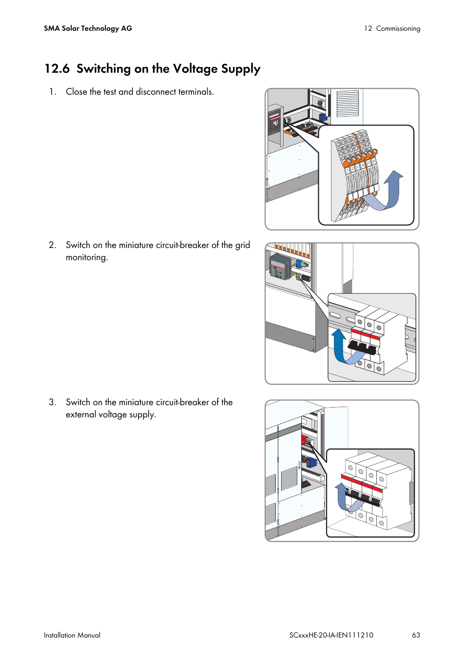 6 switching on the voltage supply, Switching on the voltage supply, Ion 12.6) | SMA SC 500HE-20 Installation User Manual | Page 63 / 76