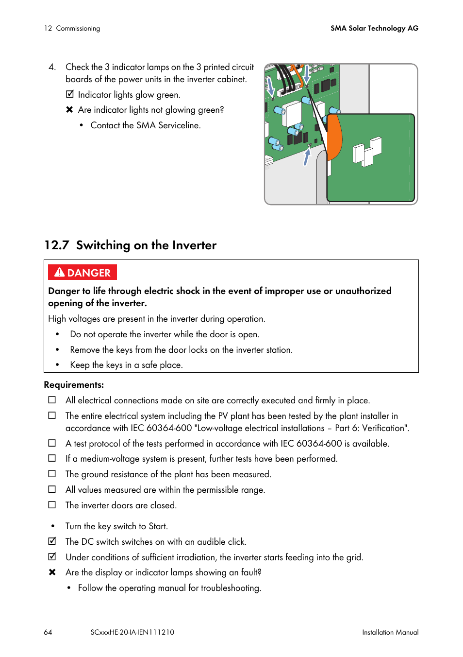 7 switching on the inverter, Switching on the inverter | SMA SC 500HE-20 Installation User Manual | Page 64 / 76